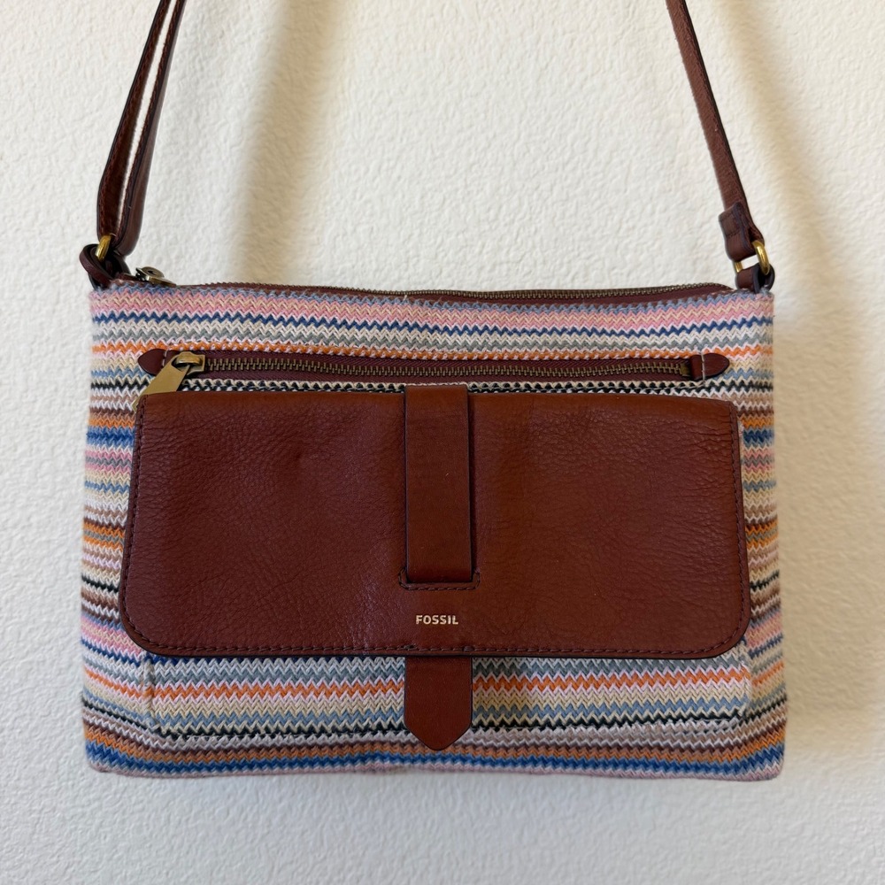 Fossil‎ Crossbody Bag Multi Color Zig Zag Knit Brown Leather Colorful Dopamine